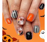 Halloween Press On Nails Ghostly Stripes Pumpkin Bat Designs False Nails For Party Costume Art Accessories Halloween Nail Art Stickers Reusable