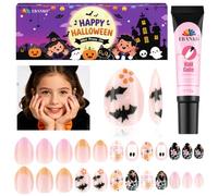 Halloween Press on Nails Kid, EBANKU 24Pcs Almond Fake Nails Kit Full Cover Orange Bet Ghost Cute Design Acrylic Nails with Nail Glue for Girl