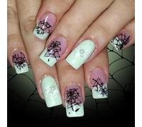 Halloween Press on Nails Light Green French Fake Nails Medium Square Spider Web False Nails with White Pearl Spider Designs Reusable Full Cover Glossy Stick on Nails for Women 24 Pcs