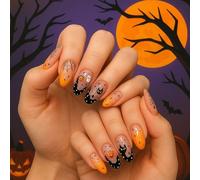 Halloween Press On Nails Long Almond - 24PCS False Nail Wraps with Pumpkin Ghost Spider Web Bat Candy & Black Cat Designs, Easy Stick On Halloween Fake for Women & Girls