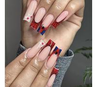 Halloween Press on Nails Long Black Spider Web Fake Nails Red French Tip False Nails Full Cover Halloween Glue on Nails Square Shape Artificial Nails Halloween Stick on Nails for Women 24Pcs