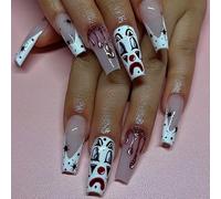 Halloween Press on Nails Long Coffin Fake Nails Full Black And White Clown False Nails with Red Blood Drops Acrylic Stick on Nails Artificial Glue on Nails for Women Girls 24Pcs