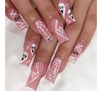 Halloween Press on Nails - Long Coffin Stick on Nails - 24PCS Cutie Ghost with White Cobweb Pattern False Nails - Glossy Full Cover False Nails with Glue Long Lasting