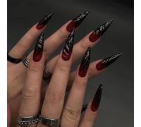 Halloween Press On Nails - Long Press On Nails Almond Fake Nails with Black Tips Ombre 3D Stereo Blending Goth Design, Acrylic Artificial False Nail Press Ons Stick On Nails for Women