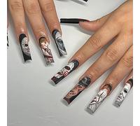 Halloween Press on Nails Long Square Fake Nails Eight Ghost Face Bleed Designs False Nails Full Cover Abstract Acrylic Nails Matte Extra Long Glue on Nails Halloween Stick on Nails for Women Girls