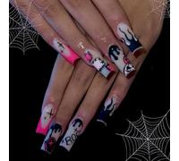Halloween Press on Nails Long Square Fake Nails with Blood Coffin Design Flame Stick on Nails Light Pink French Tip Fals Nails Glossy Pumpkin Patch Holiday Glue on Nails for Women Girls Manicure 24Pcs