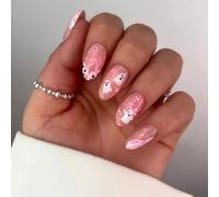 Halloween Press on Nails Medium Almond Fake Nails with Designs White Ghost Pumpkin Cherry Spider Web Cute Glue on Nail 24 Pcs Reusable Artificial Pink Acrylic Stick on Nail for Women WYFHDT