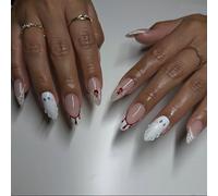 Halloween Press on Nails Medium Almond SWEKKE French Tip Fake Nails 3D False Nails with Ghost Spider Web Blood Designs Full Cover Glossy Glue on Nail Reusable Acrylic Nail for Women Girls 24Pcs