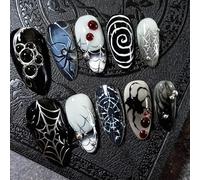 Halloween Press on Nails Medium Almond SWEKKE French Tip Fake Nails Gothic 3D False Nails with Spider Web Steel Ball Charms Spider Designs Black Glossy Glue on Nail Acrylic Nails for Women Girls 30Pcs
