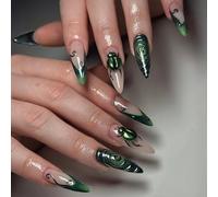Halloween Press on Nails Medium Almond SWEKKE French Tip Fake Nails Green False Nails with Curve Line Insect Designs Full Cover Glossy Glue on Nail Acrylic Nail for Women Girls 24Pcs