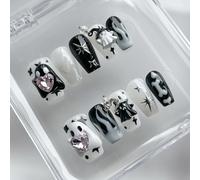 Halloween Press on Nails Medium Coffin Handmade Nails 3D Unique Reusable ABS Material Fake Nails Black&White False Nails with Designs Cute Ghost Charms Glossy Glue on Nail Thick Acrylic Nail(M)