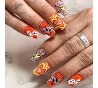 Halloween Press on Nails Medium, Cute Love Pumpkin Ghost Pattern Halloween Series Fake Nails, Glossy Orange Glue on Nails Spider Web Artificial Nails Square Shape Halloween Stick on Nails for Women