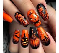 Halloween Press on Nails Medium, Haunted Night Pumpkin, Ballerina Fake Nails Full Cover Acrylic False Nails, Removable Stick on Nails for Women & Girls Rave Cosplay Party