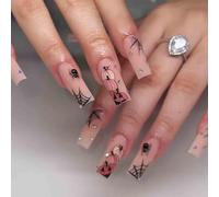 Halloween Press On Nails Medium Square - 24PCS Nude Matte Cute Fake Nails with Bats Pumpkin - French Handmade Stick On Nails with Glue - Halloween Elements Acrylic False Nail for Women Girls