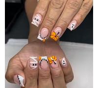 Halloween Press on Nails Medium Square SWEKKE French Tip Fake Nails False Nails with Pumpkin Ghost Mummy Designs Full Cover Glossy Glue on Nail Acrylic Nail for Women Girls 24Pcs