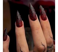 Halloween Press on Nails Medium Stiletto Almond Nails Press ons Black Red Fake Nails Full Cover Glossy Stick on Nail 3D Terror Stripe with Designs Glue on False Nail for Women 24Pcs
