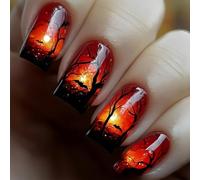 Halloween Press on Nails Red Short Square Fake Nails with Horror Forest Bat Designs 24 Pcs Natural Reusable Glue on Nail Full Cover Acrylic Nail for Women WYFHDT