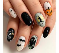 Halloween Press On Nails Set With Witch Moon, Pumpkin & Spider Web Designs - 24Pcs Short Oval Acrylic Tips For Adults, Durable Glossy Manicure For Costume Events And Seasonal Art
