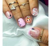 Halloween Press on Nails Short - 24PCS Halloween False Nails with Glue - Fake Nails with Spider Web Ghost Pumpkin Element - 12 Sizes French Tip False Nails - Cute Full Cover Acrylic Nails for Women