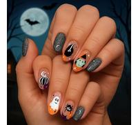 Halloween Press On Nails Short Oval Fake Nails with Witch Ghost Bat Pumpkin Designs - Autumn Fall Festival Handmade Set for Women and Girls Short Oval False Kit with Glitter and Cartoon Ar
