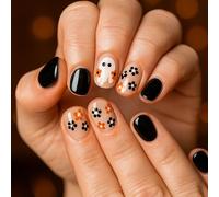 Halloween Press On Nails Short Square Fake Nails Kit with Ghost Floral Design - Reusable Stick On Acrylic Set, Soft Gel Tips & Halloween Stickers for Women Party, Extensions French Tip