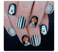 Halloween Press on Nails, Short Square Fake Nails with Pumpkin Ghost Spiders Web Black White Stripes Design, Removable Glue on Nail Manicure Kit for Women Girls Party