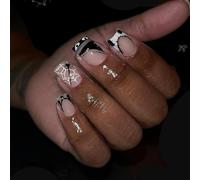 Halloween Press on Nails Short Square False Nails with Eye Patch French Tip Design Spider Web Fake Nails Glossy Skin Tone Stick on Nails Full Cover Holiday Glue on Nail for Women Girls Manicure 24Pcs