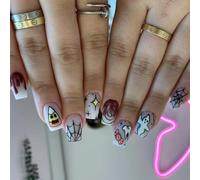 Halloween Press On Nails - Short Square False Nails with Glue - Glossy Cute White Ghost Spider Web Candy Red Blood Tear Drop Pumpkin Design - French Halloween Elements Fake Nail for Thanksgiving Party