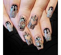 Halloween Press on Nails,Square Fake Nails Acrylic Nails Spiders Web False Nails Stick on Nails Full Cover Fake Nails