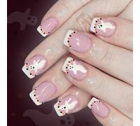 Halloween Press On Nails White French Manicure With Glittering And Bat Patterns 24 Reusable Faux Nails Matte Press On Nail Halloween Collection