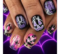 Halloween Press On Nails With Spooky Spider Web & Purple Pumpkin Designs, 24 PCs Short Square Glossy Fake Nails For Gothic Party & Festive Manicure, Reusable Stick On With Creepy Cute Art For Adults