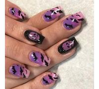 Halloween Press On With Black Gradient And Gothic Bat Skeleton Design For Women Party Art Easy Apply Gothic Nail Designs