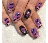 Halloween Press on with Black Gradient and Gothic Bat Skeleton Design for Women Party Art Gradient Halloween