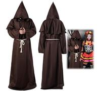 Halloween Priest Costume Men's Brown M Medieval Tunic Gown Medieval Men's Assassins Creed Costume Cloak Film Cape with Hood Coat Monk's Coat, Theme Party, Halloween, Carnival, Fancy Dress