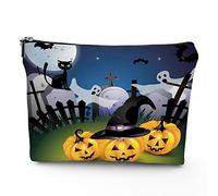 Halloween Print,Travel Bag Makeup Case Cosmetic Bag,Funny Cartoon Design with Pumpkins Witches,Linen Makeup Bag Great Gift for Travel,Night Blue,7x9in