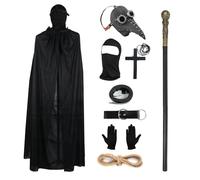 Halloween Props Costume Set, Retro Leather Bird Mask Gothic Plague Doctors Mask with Full Face Cane Black Hooded Cloak Gloves Cross Necklace Ringe Buckle Belt for Halloween Cosplay (Black Silver)