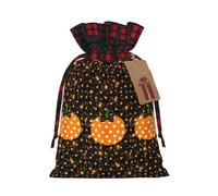 Halloween Pumpkin 1 Printing Color Matching Plaid Drawstring Christmas Bag With Kraft Tag 4.7x6.9 In For Halloween