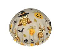 Halloween Pumpkin and Owl Print Shower Cap for Women & Men - Reusable, Double Layer, Breathable, Hair Bath Cap One Size