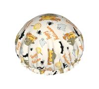 Halloween Pumpkin and Owl Women Luxury Shower Cap, Double Layers Protective Elastic Reusable Adjustable Shower Cap