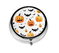 Halloween Pumpkin Bat Pattern Round Pill Box with 3 Compartments, Mini Metal Pill Organizer for Purse or Pocket, Lightweight Portable for Daily Use Gifts Travel