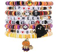 Halloween Pumpkin Beaded Bracelet Stackable Layered Ghost Cat Skull Bat Stretch Bracelet Elastic Colorful Heishi Clay Bead Bracelets Charms for Women Jewelry, Middle, Resin, no gemstone
