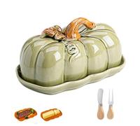Halloween Pumpkin Butter Dish with Lid, Ceramic Pumpkin Butter Container, Fall Kitchen Countertop Snack Trays and Cheese Boards for Halloween Thanksgiving Everyday Use(Green)