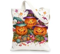 Halloween Pumpkin Canvas Tote Bags, Colorful Pumpkin Pattern Reusable Grocery Bags, Lightweight Washable Shoulder Strap Can, Orange, 13x15 Inch