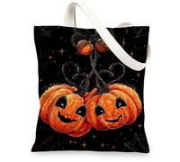 Halloween Pumpkin Canvas Tote Bags, Cute Smiling Jack-O'-Lantern Design Reusable Shopping Bags, Festive Lightweight Washabl, Orange, 13x15 Inch