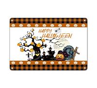 Halloween Pumpkin Cat Tombstone Tin Sign Orange and Black Plaid Sign Old Castle Tree Bats Metal Sign Antique Wall Art for Farnhouse Home Bathroom Toilet Restroom Washroom Decor 8x12in
