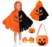 Halloween Pumpkin Cloak, Complete Halloween Pumpkin Costume Set for Kids & Adults - Pumpkin Dress Outfit with Hat, Striped Socks, Glasses, Trick-or-Treat Bag, Retractable Lanterns (D