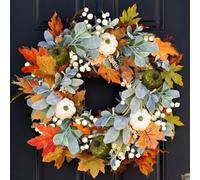 Halloween Pumpkin Door Wreaths With White Berries，Autumn Wreath Front Door 45cm,Maple Leaf And Pumpkins, Autumn Door Wreaths Hanging Indoor Outdoor, Fall Wreath For Halloween Decorations