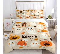 Halloween Pumpkin Duvet Cover 150x200cm, Cute Ghosts Bedding, Microfiber Quilt Cover with 2 Pillowcases. Soft and Luxurious, Zipper Closure, Suitable for Teenagers and Adults AT441