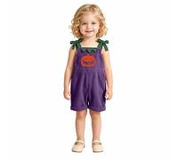 Halloween Pumpkin Face Straps Jumpsuit For Girls Casual Romper With Cute Skirted Back Details Festive Costume Piece Outfit (Purple #4, 18-24 Months)
