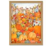 Halloween Pumpkin Festival Autumn Harvest Modern Folk Art Watercolour Painting Artwork Framed Wall Art Print A4 Artery8 Light Oak One Size